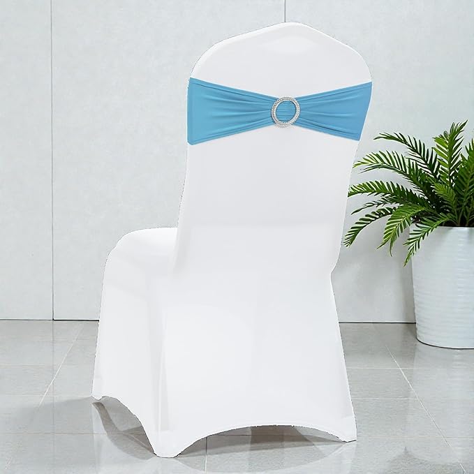MDS Pack of 10 Spandex Chair Sashes Bow Premium Stretch Chair Cover Band with Buckle Slider Universal fits Elastic Dining Chair Ties for Wedding Party Banquet Events Decoration - Blue