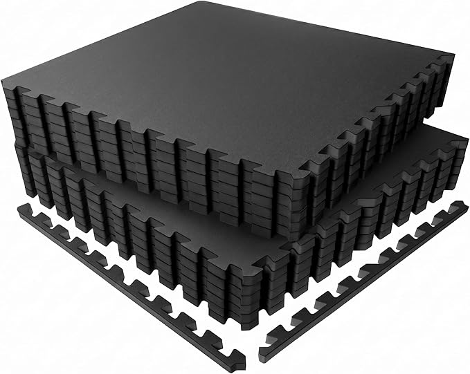 SUPERJARE 0.56'' Thick 12 Pcs 48 Sq Ft Rubber Top Exercise Equipment Mats, High Density EVA Foam Mats with Rubber Top, Interlocking Gym Flooring for Home Gym, Protective Workout Mat, Black