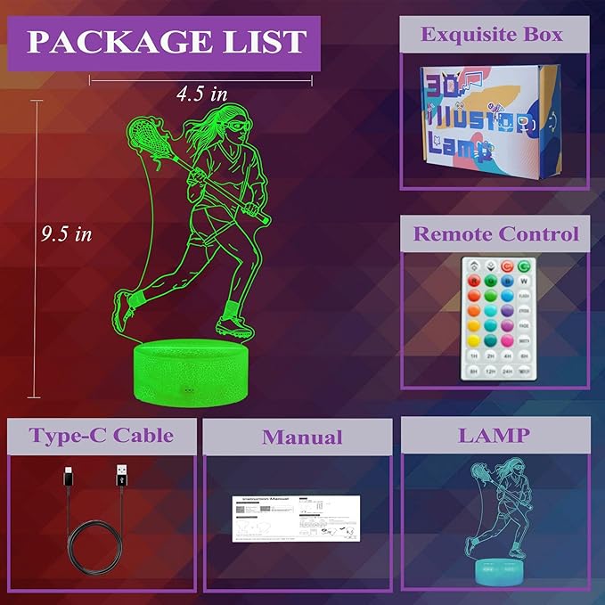 Lacrosse Gifts for Girls, 3D Night Light Lamp with Remote Control, 16 Colors Changing, Timer and Dimmable, Room Decor for Lacrosse Women, Mom, for Birthday Holiday Christmas