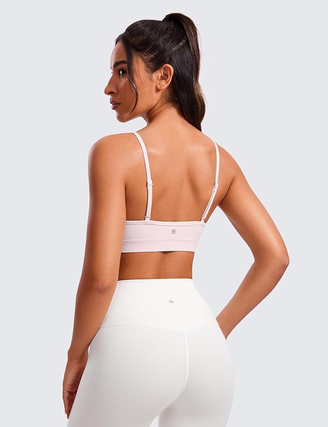 CRZ YOGA Butterluxe V-Neck Sports Bras for Women - Adjustable Thin Straps Padded Yoga Top Basic Wireless Camisole