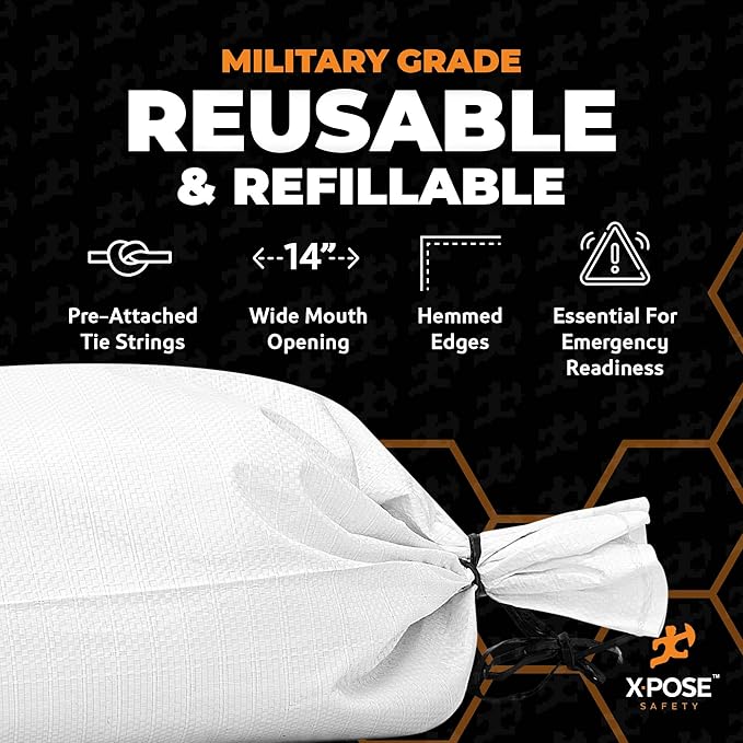 Xpose Safety Heavy Duty Sand Bags with Tie Strings – Empty Woven Polypropylene Sandbags for Hurricane Flood Protection, 100 lb Capacity, 14" x 26", White, Pack of 25