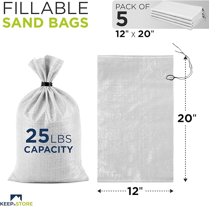 Heavy Duty Sand Bags Pack of 5, White Empty Sandbags with Built-In Ties, Woven Polypropylene UV Protection 1600 Hours, Fillable Bags for Flood Control, Weight, 12x20 inches, 25 Pounds Volume