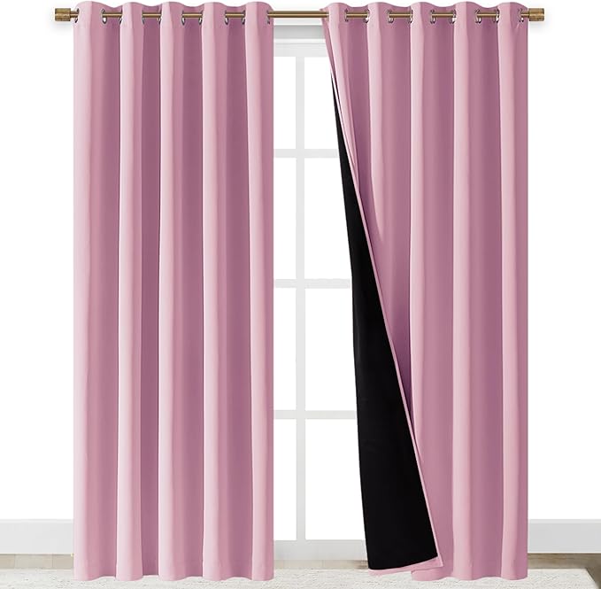 NICETOWN Total Shade Curtains and Draperies, Heavy-Duty Full Light Shading Drapes with Black Liner Backing for Villa/Hall/Dorm Window（Crystal Pink, Package of 2 Panels, 70 inches Wide x 95 inches Long
