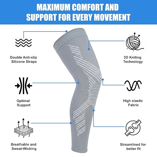 NuCamper Full Leg Compression Sleeves for Men and Women,2 Pack Legs Sleeves Long Knee Brace Support for Running, Basketball, Cycling, Workout, Sports - Gray,2XL