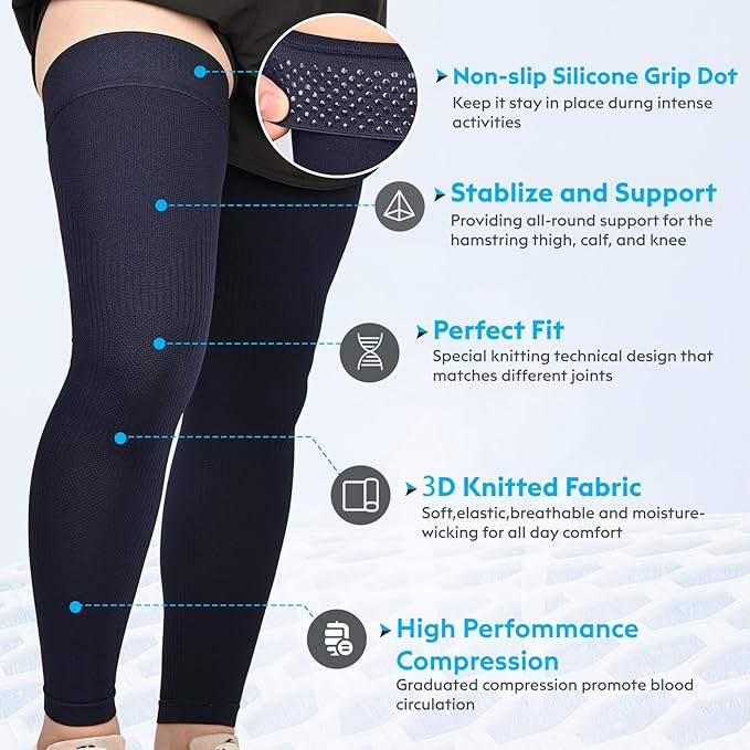 KEKING Full Leg Compression Sleeves, Unisex, Thigh High Compression Stocking 20-30mmHg Graduated Support for Thigh Calf Knee, Running, Basketball, Reduce Varicose Veins and Swelling, Navy Blue 3XL