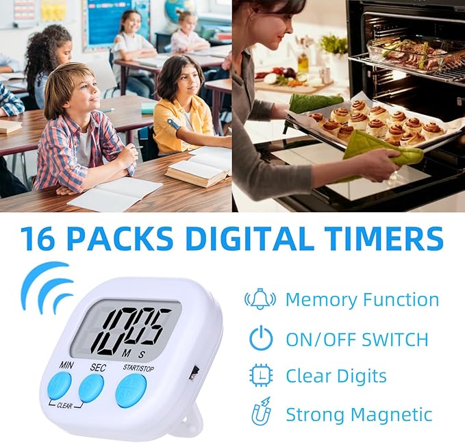 16 Packs Digital Timer Multi-Function Electronic Timers for Classroom Small Magnetic Countdown Stopwatch Mini Loud Alarm Stop Clock for Kitchen Cooking Games Meeting Study Work Baking Sports Office