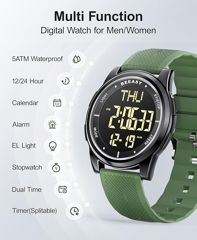 Beeasy Digital Watch for Men Women, 50M Waterproof, Ultra-Thin & Lightweight, 44mm Silicone Sports Watch with Alarm, Stopwatch, Countdown, Ideal for Gym, Running, School, Daily Wear