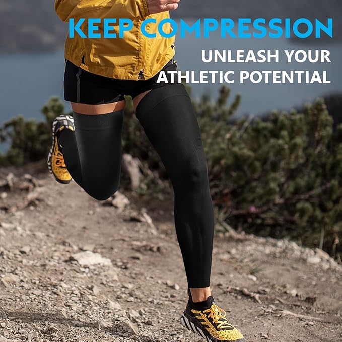 KEKING Full Leg Compression Sleeves, Unisex, Thigh High Compression Stocking 20-30mmHg Graduated Support for Thigh Calf Knee, Running, Basketball, Reduce Varicose Veins and Swelling, All Black XL
