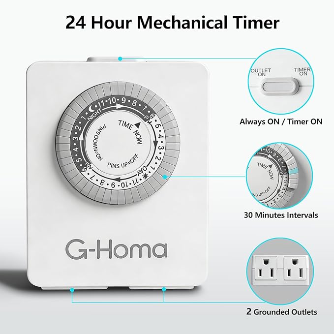 G-Homa 24-Hour Mechanical Timer Outlet 2 Pack, Dual Grounded 3-Prong Outlets, 30-Minute Intervals, Slim Space-Saving Design, Indoor Use for Lamps, Christmas Lights, Small Appliances & Holiday Decor