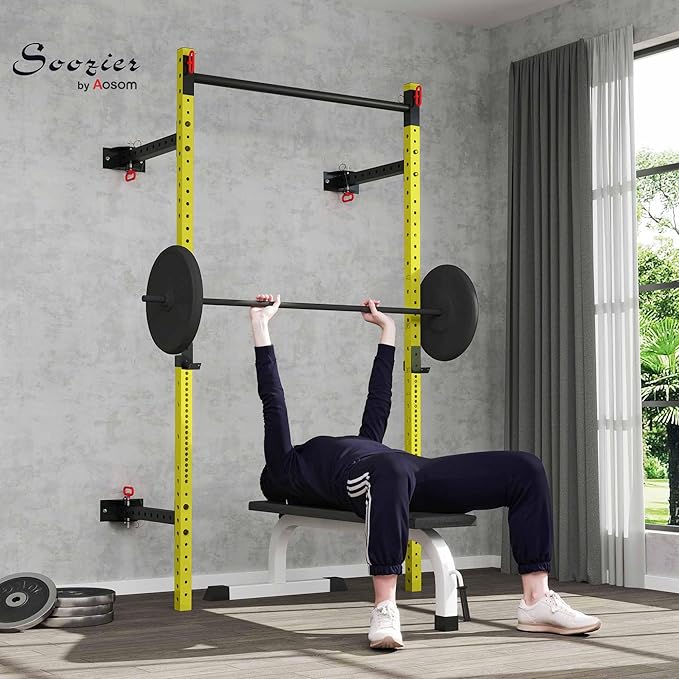 Soozier Folding Squat Rack with Adjustable Pull-Up Bar, 1000 Pounds Capacity Wall Mounted Power Rack, Adjustable Barbell Rack with J Hooks for Home Gym Full Body Workout
