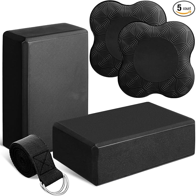 RoundFunny 5 Pcs Yoga Blocks Knee Pads Yoga Strap Set Soft Premium Foam Blocks Accessories for Pilates Meditation General Fitness Stability, Kneeling, Balance, Deepen Stretches and Toning