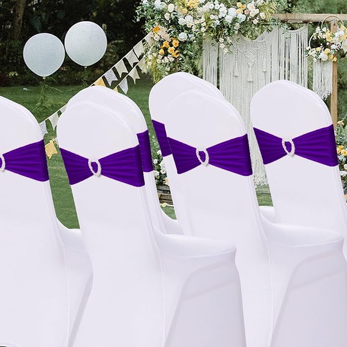 Howhic Pack of 60 Spandex Chair Sashes Bows Stretch Cover Band with Buckle Slider Universal Elastic Chair Ties for Wedding Banquet Party Event Decoration (Purple)