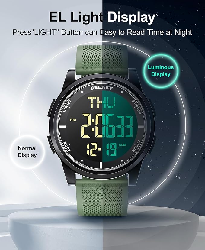 Beeasy Digital Watch for Men Women, 50M Waterproof, Ultra-Thin & Lightweight, 44mm Silicone Sports Watch with Alarm, Stopwatch, Countdown, Ideal for Gym, Running, School, Daily Wear