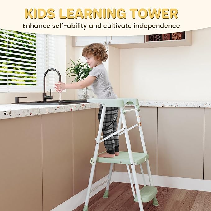 Kids Step Stool 2 Steps, Toddler Tower for Kitchen Counter Learning, Toddler Kitchen Stool Helper with Anti-Drop Safty Railing Kids Standing Folding Stepper, Green