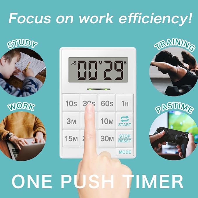 dretec One-Push Timer, Easy to Press Timer, Time-Saving, Interval, Silencing, Kitchen Timer, Digital, Magnet, Stand, Light, Study, Muscle Training, Sports, White