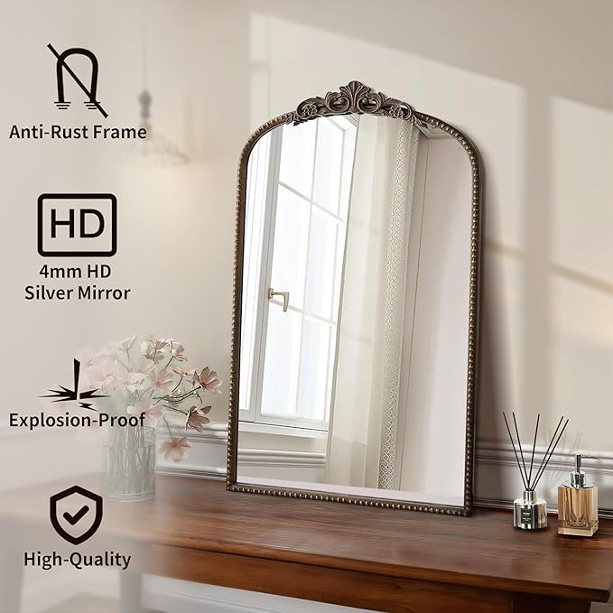 Micasso Traditional Arch Mirror, 31"x 19" Bronze Decorative Mirror with Metal Frame, Wall Mounted Mirror for Bathroom Bedroom Living Room Entryway, Home Wall Decor