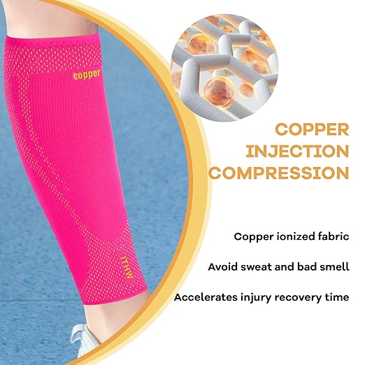 Copper Calf Compression Sleeves for Men & Women - High Stretch Graduated Compression with Anti-Slip Grip | Breathable & Smooth Lining Footless Design for Runners, Shin Splints, Leg Fatigue & Travel (Pink, Medium)