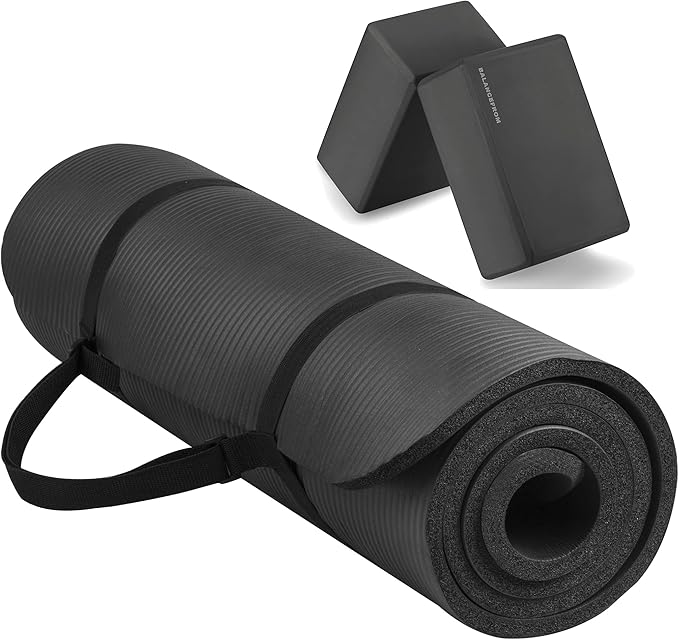 Fitvids All Purpose 1/2-Inch Extra Thick High Density Anti-Tear Exercise Yoga Mat with Carrying Strap and Yoga Blocks, Multiple Colors