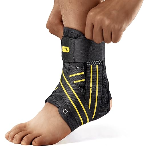 AGPTEK Ankle Brace for Women Men, Adjustable Lace-Up Ankle Support with Removable Splints for Sprained Ankle, Injury Recovery, Ankle Stabilizer Wrap for Basketball Volleyball Sports, Yellow, M