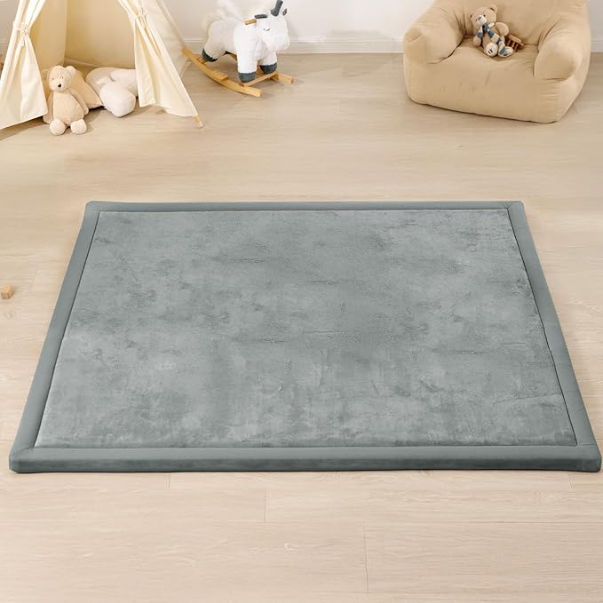 1.3" Thick Baby Floor Play Mat, 50x74 Padded Foam Tummy Time Crawling Mat, Non-Slip Water-Repellent Soft Plush Nursey Area Rug for Playroom Bedroom Living Room (Light Gery)