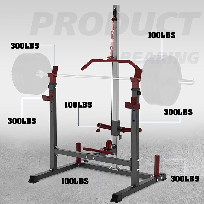 Power Rack with LAT Pulldown Pulley System Adjustable Multi-Functional Squat Rack, Power Cage with J-Hooks Home Gym