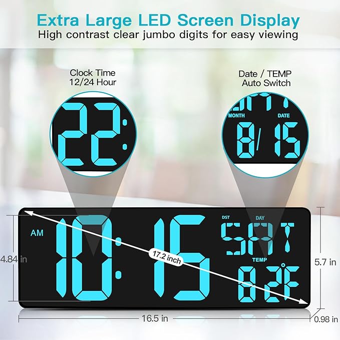 XREXS Large Digital Wall Clock with Remote Control, 17.2 Inch LED Large Display Count Up & Down Timer, Adjustable Brightness Alarm Clock with Day/Date/Temperature for Home, Gym, Office and Classroom