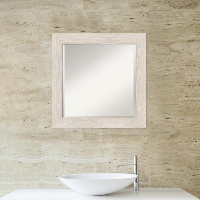 Amanti Art White Bathroom Mirror for Over Sink, 25x25 Hardwood White Wash Square Vanity Mirror, Medium Country Rustic Wood Frame, Hangs Horizonally and Vertically, Bathroom Wall Decor, Beveled Edge