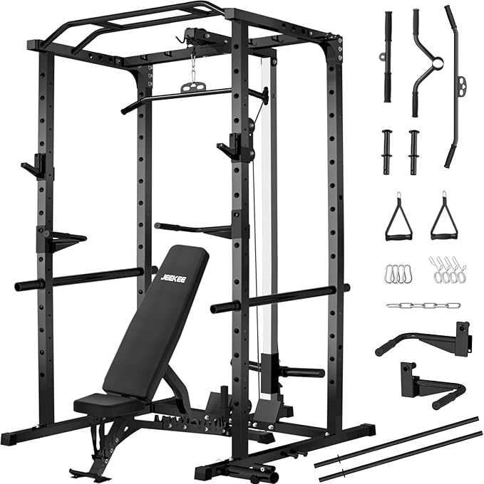 JEEKEE Power Rack with LAT Pulldown, 2000LBS Power Cage with Cable System, Multi-Function Squat Rack with J-Hooks, Safety Bars, Landmine, Pull Up Bar & Attachments for Home Gym Strength Training,Black