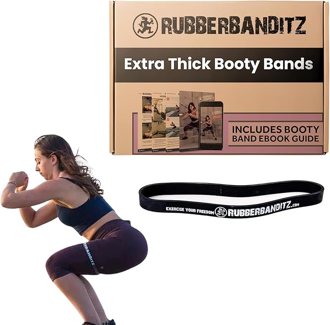 Rubberbanditz Extra Thick Booty Bands - for Glutes and Legs Workouts - Includes eGuide for Women - Mini Loop Exercise Band Engages HIPS, Thighs, Butt, and Abs - 5 Mini Resistance Band Sizes 5-100 lbs