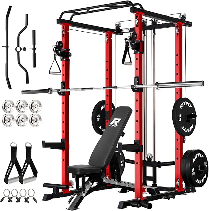 RitFit Multi-Function Garage & Home Gym Package Includes 1200LBS Power Cage PPC03/P3 with Cable Crossover System, Weight Bench, Olympic Barbell Weight Set, Full Body Workout