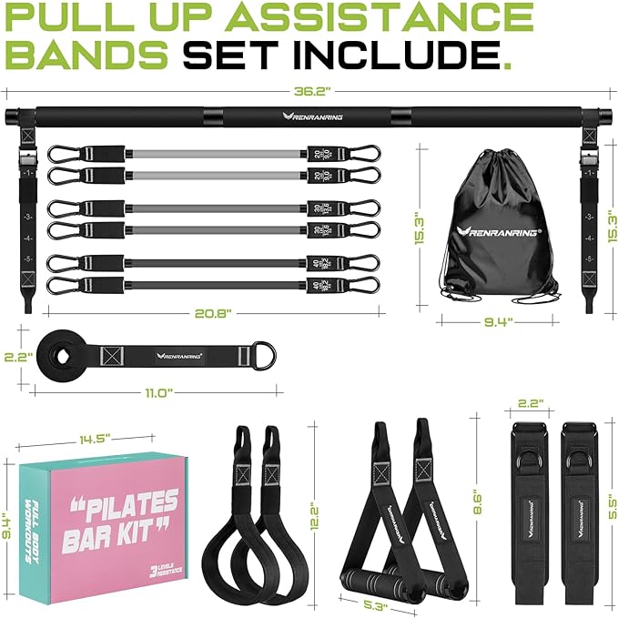 Pilates Bar Kit with Resistance Bands, Multifunctional Pilates Bar for Women & Men with Heavy-Duty Metal Adjustment Buckle, Pilates Home Equipment for Full BodyWorkouts