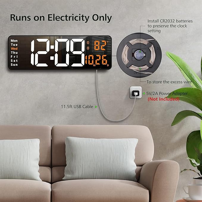 Zgrmbo 16" Large Digital Wall Clock with Remote, Large Display LED Wall Clock for Living Room/Gym/Shop/Warehouse/Office Decor, 12/24H, Auto Dimming, Timer