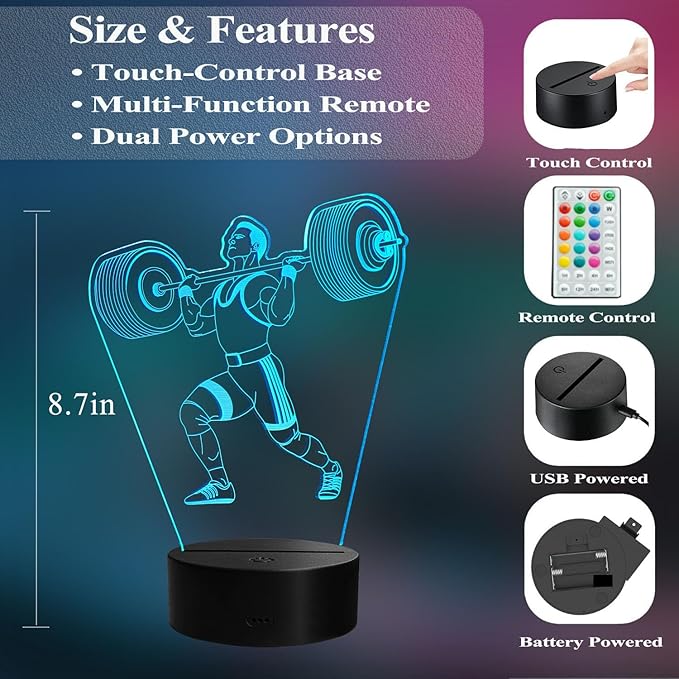 Weightlifting Night Light, Weightlifting Gifts for Boy, Gym 3D Night Light with Remote Control, 16 Colors Changing, RGB Flashing Mode and Dimmable, Gifts for Boys Christmas Decor