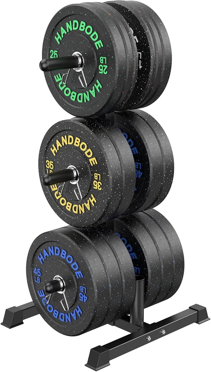 HANDBODE Weight Plate Rack with Barbell Storage, 6-Peg Vertical Holder for 1 or 2-Inch Plates, Heavy Duty 1100 lbs Capacity for Home Gym Organization