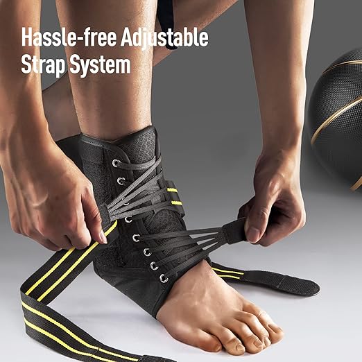AGPTEK Ankle Brace for Women Men, Adjustable Lace-Up Ankle Support with Removable Splints for Sprained Ankle, Injury Recovery, Ankle Stabilizer Wrap for Basketball Volleyball Sports, Yellow, S