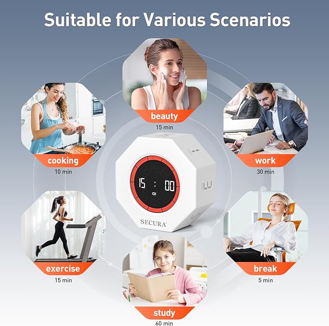 Secura Pomodoro Timer, Rotating Cube Time Tracker, Flip Gravity Sensor with 7 Presets(1/3/5/10/15/30/60 Min), Visual Progress Bar for ADHD, Kids, Tasks, Work, Study (White)