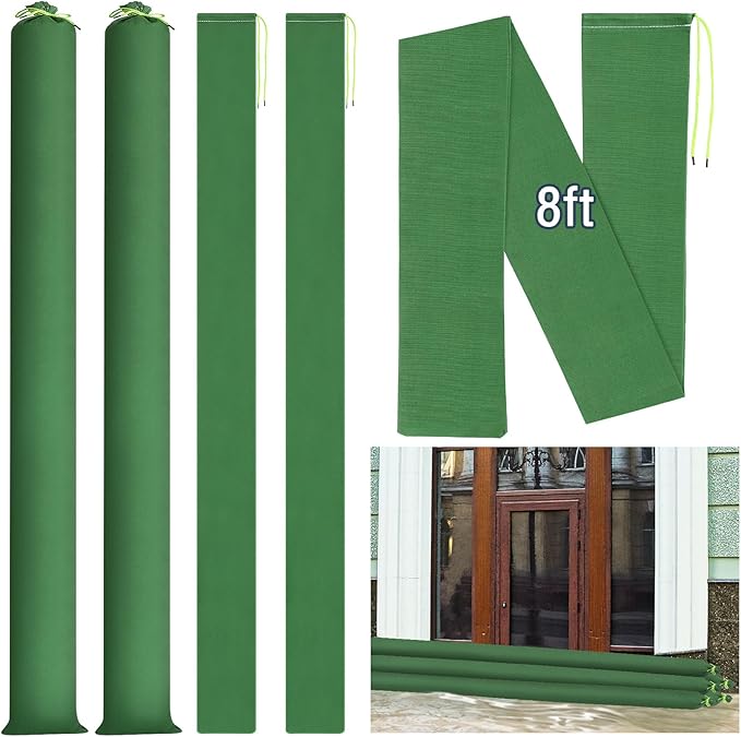 Threan 2 Pcs Long Canvas Sandbags for Flooding Sand Tube Bags Flood Protection Thickened Reusable Rain Wind Flood Barrier with Elastic Band Water Barrier Tube for Door Rain Control, Green (8ft)