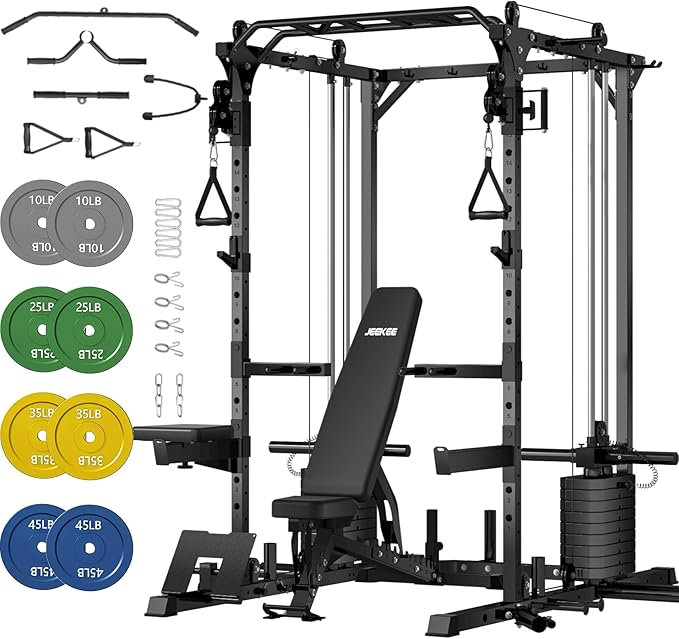 JEEKEE Power Cage with Cable Crossover System, 2200LB Heavy Duty Power Rack with Dual Pulley, 180LB Weight Stack, LAT Pulldown, 20+ Attachments for Home Gym,Black