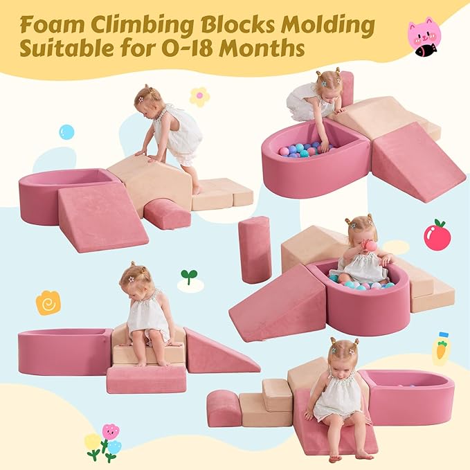 Foam Climbing Blocks with Ball Pit, Climbing Toys for Toddlers, Foam Climb and Crawl Activity Playset Indoor, Soft Play Equipment for Toddler Crawling Sliding Playing (Excluding Balls)