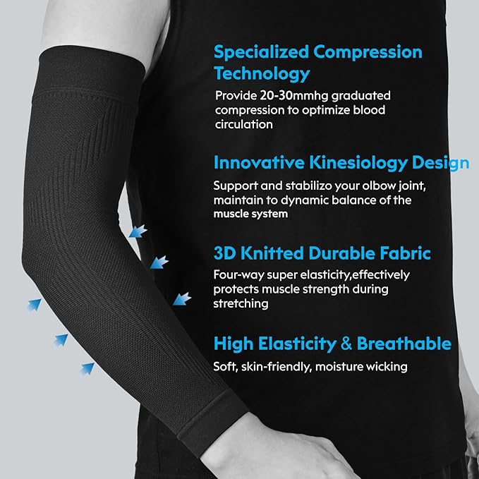 KEKING® Compression Arm Sleeves, Firm 20-30mmHg Graduated Compression Full Arm Support for Recovery, Pain Relief, Tendonitis, Golfers & Tennis Elbow Brace, Workouts Sports - Latex Free Black XL