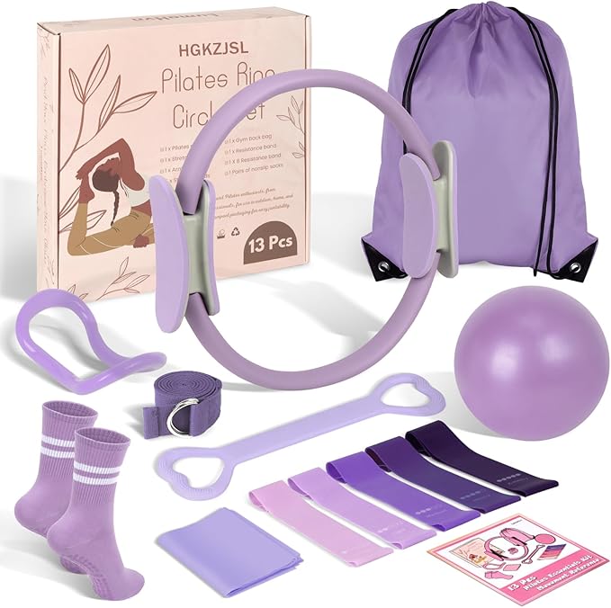 Pilates Kit for Women 13PCS, Pilates Ring and Ball Set with Magic Circle, Resistance Bands Set, Figure 8 Band, Yoga Ring & Grip Socks, Home Workout Equipment Essentials Starter Kit for Beginners