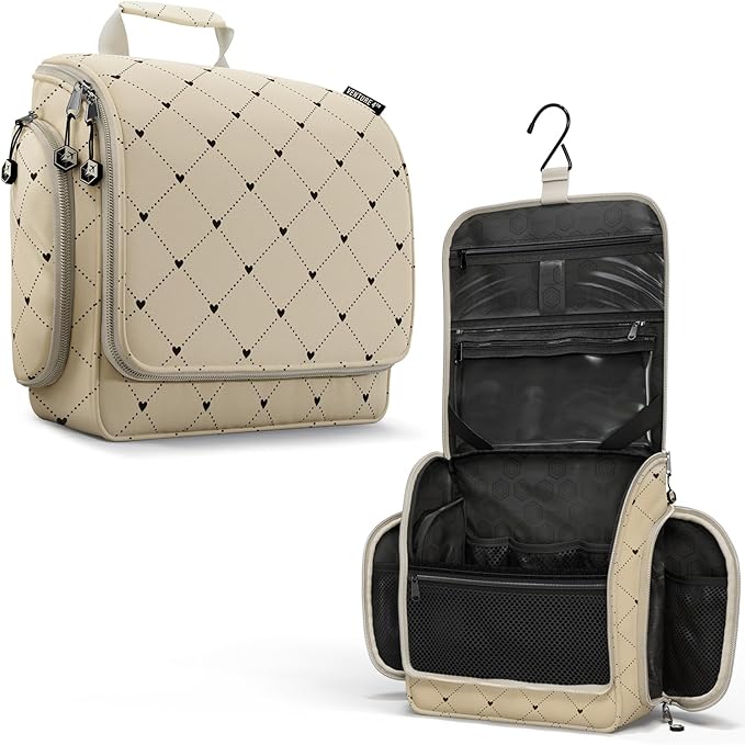 VENTURE 4TH Hanging Travel Toiletry Bag for Women & Men – Large Toiletry Organizer with 17 Compartments, Removable TSA Pouch, Travel Wash Bag for Toiletries, Makeup & Shaving Kit (Beige Diamonds)