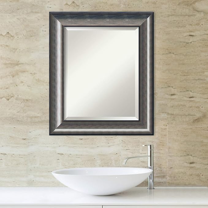 Amanti Art Silver Bathroom Mirror for Over Sink, 26x22 Quicksilver Scoop Rectangle Vanity Mirror, Small Casual Wood Frame, Hangs Horizonally and Vertically, Bathroom Wall Decor, Beveled Edge
