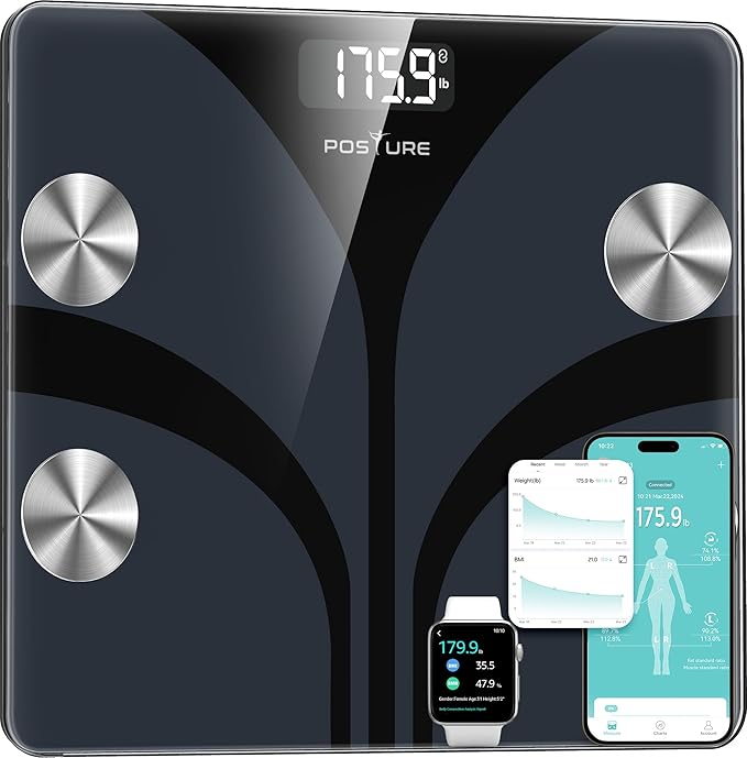 Posture Scale for Body Weight, Digital Bathroom Smart Scale, 13 Body Composition Analyzer Sync Weight Scale BMI Health Monitor Sync Apps 400lbs - Black
