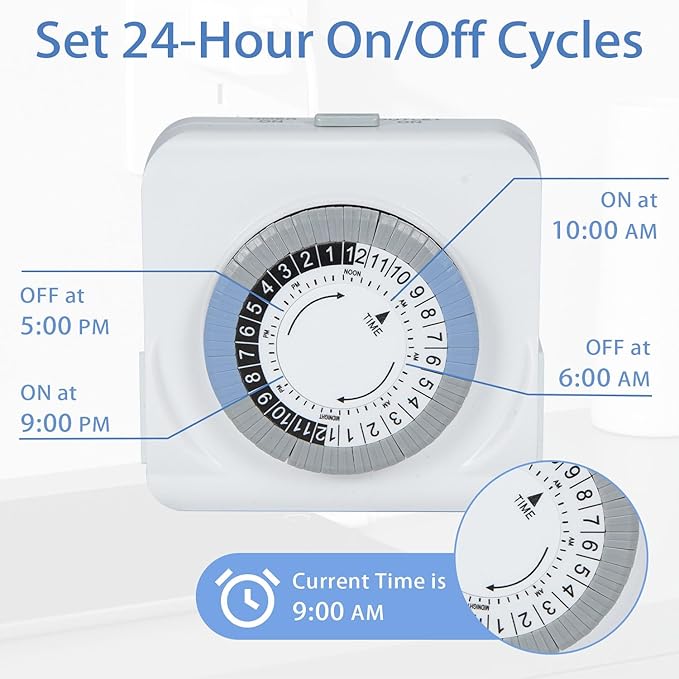 24-Hour Mechanical Timer for Electrical Outlets, Dual 3-Prong Outlets, 30-Minute Intervals, for Room Lights and Home appliances, 125V 15A, ETL Certified
