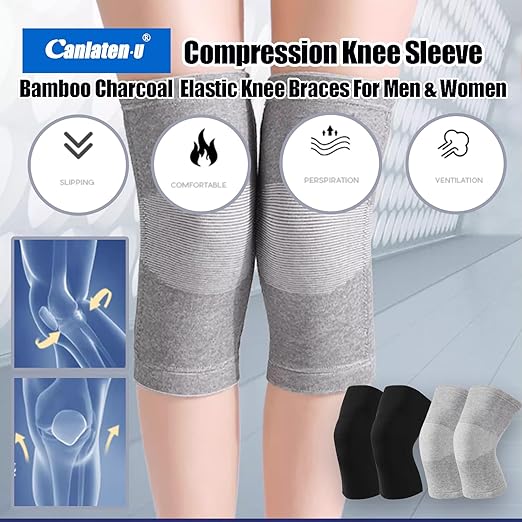 Bamboo Charcoal Compression Knee Sleeve - Elastic Knee Braces Pads Warmers Protective Knee Support for Arthritis and Runners (Gray+Black, Small)