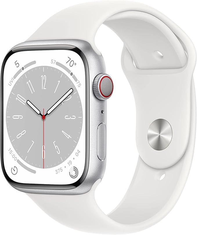 Apple Watch Series 8 [GPS + Cellular, 45mm] - Silver Aluminum Case with White Sport Band, M/L (Renewed)