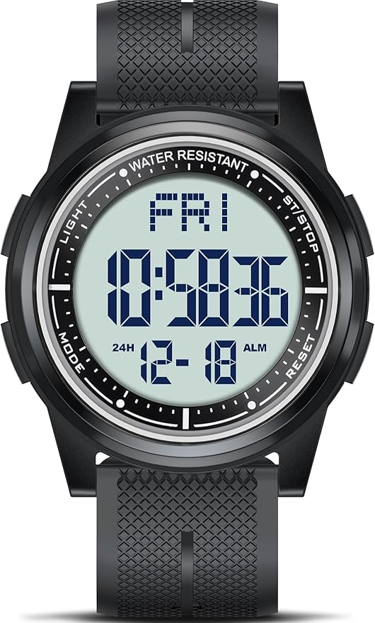 Beeasy Digital Watch for Men Women, 50M Waterproof, Ultra-Thin & Lightweight, 44mm Silicone Sports Watch with Alarm, Stopwatch, Countdown, Ideal for Gym, Running, School, Daily Wear