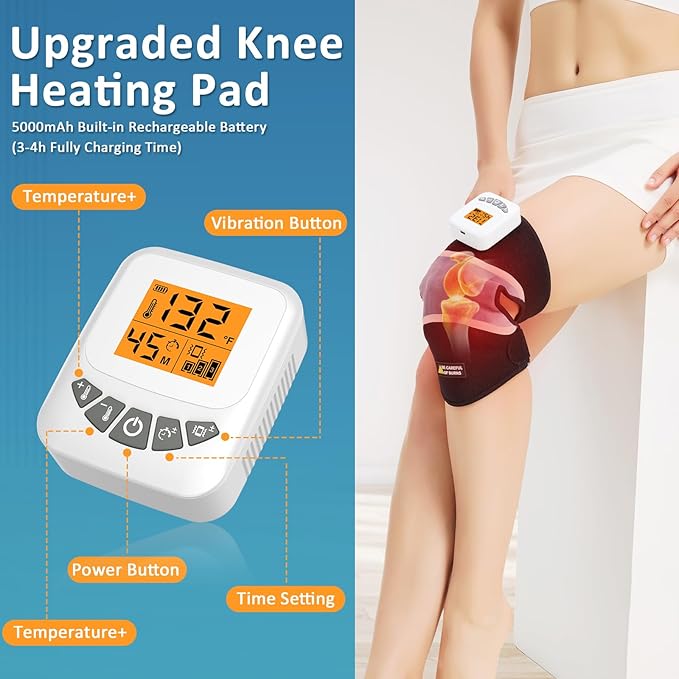 Cordless Knee Massager with Heat & Vibration,Rechargeable Knee Heating Pad for Pain Relief for Arthritis, Joint Pain, Sports Injuries,Heated Knee Brace for Men & Women