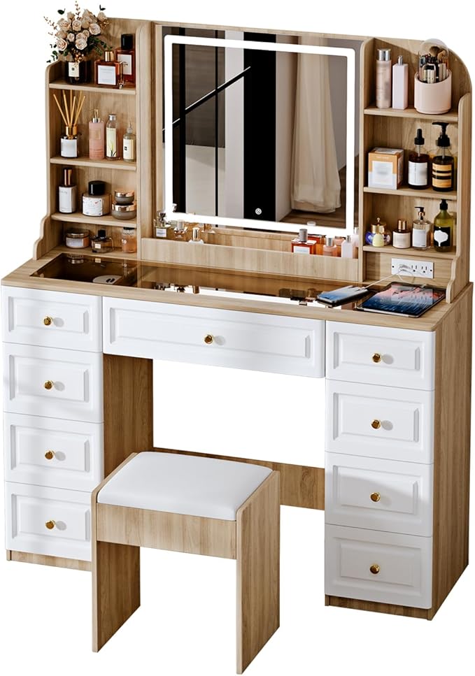 43" Makeup Vanity Desk with Mirror and Lights, & Power Outl, Glass Top Big Vanity Table with 9 Drawers& 8 Storage Shelves, Dressing Table Set with Chair for Bedroom, White+Oak
